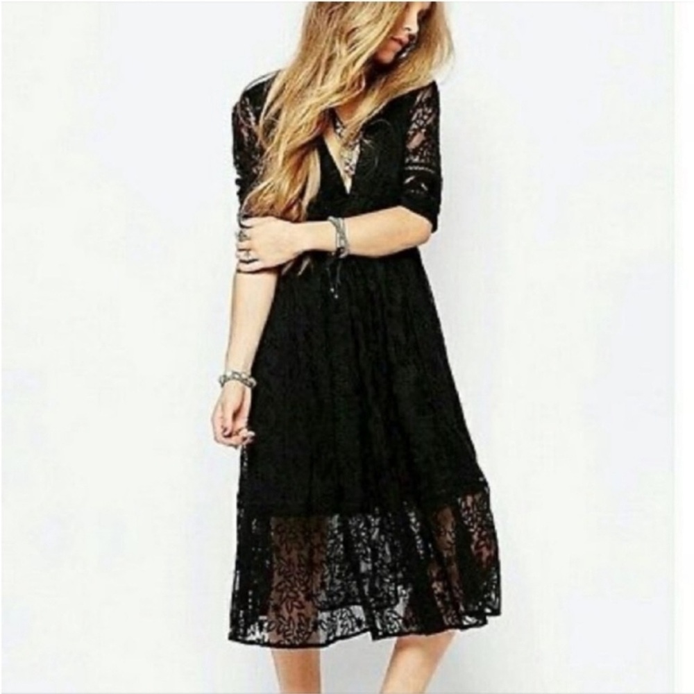 Free People Mountain Laurel Lace Midi Dress Black Size 0